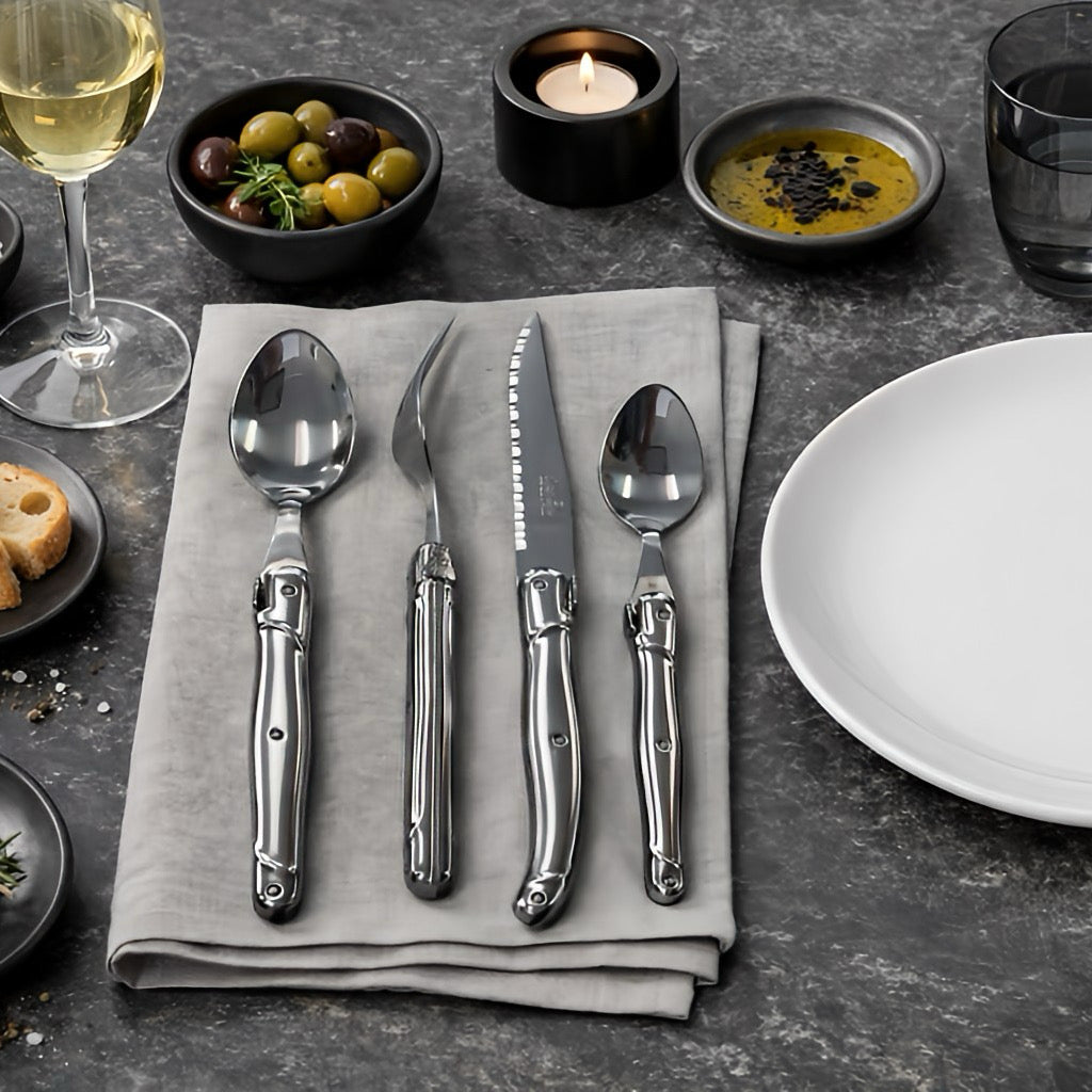 Set of silver cutlery on a gray napkin with a dining setup