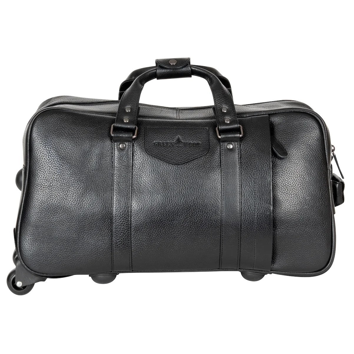 A black leather trolley travel bag with a retractable handle, wheels, and multiple zip compartments.