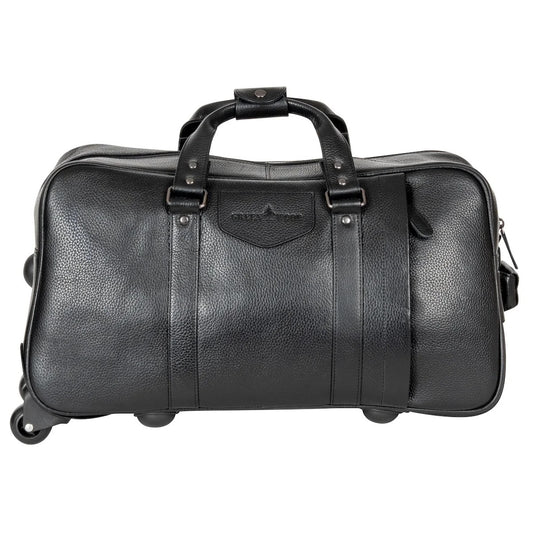 A black leather trolley travel bag with a retractable handle, wheels, and multiple zip compartments.