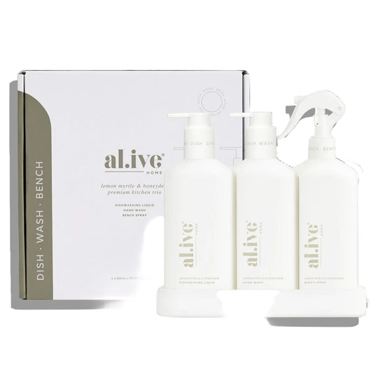 Three bottles of 'alive' kitchen products with a box on a white background