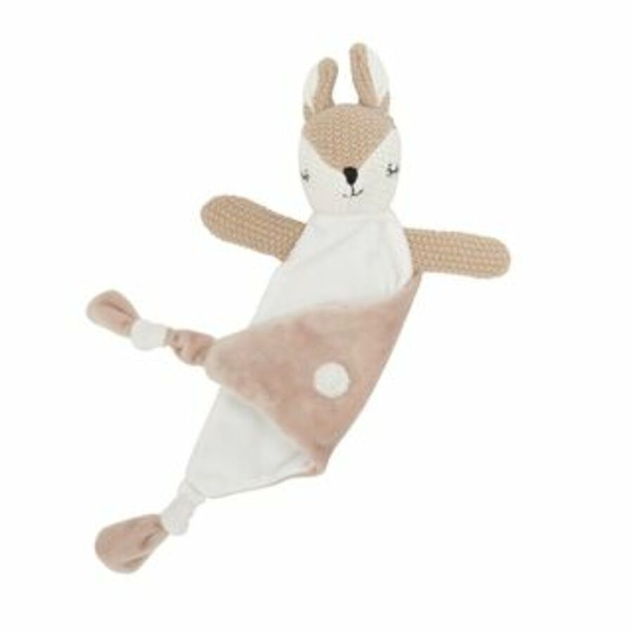 A plush deer-shaped baby comforter with a knit design, predominantly in beige and white colors with sleepy eyes