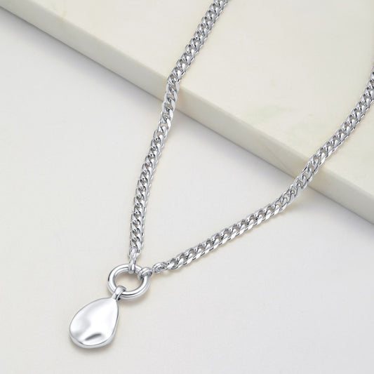 A silver chain with silver pendent on the end 