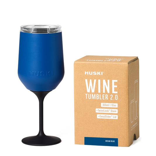 Blue wine tumbler with Huski branding