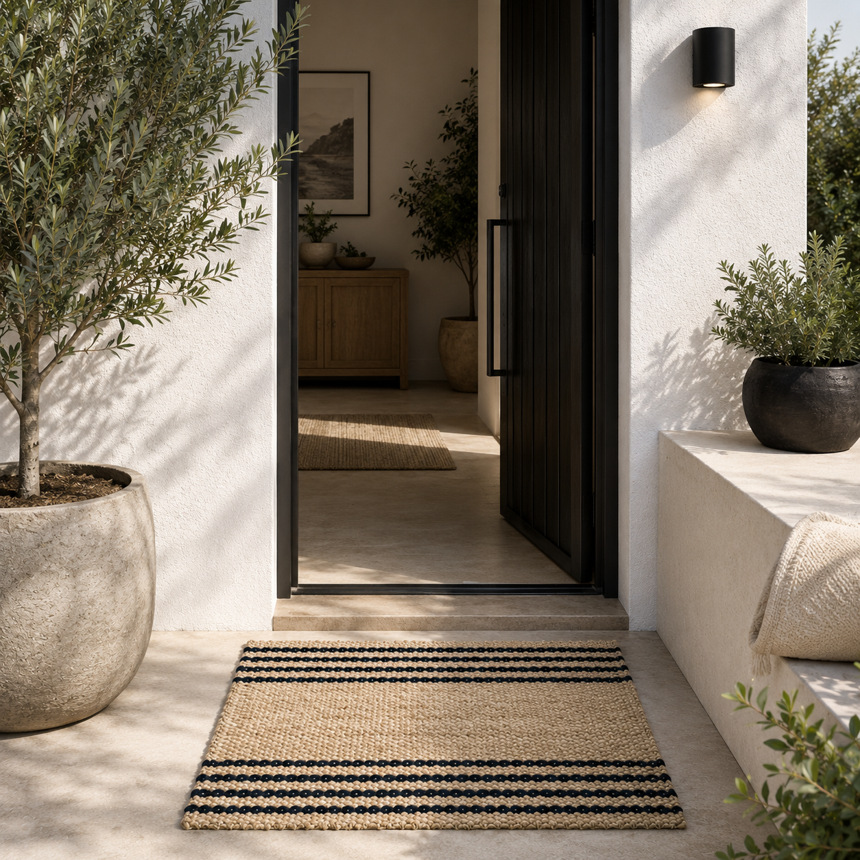 A rectangular woven doormat with black and beige horizontal stripes, placed at the threshold of a modern home entrance.