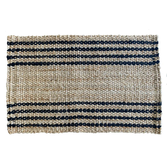 A rectangular woven rug with a textured beige base and horizontal black stripes