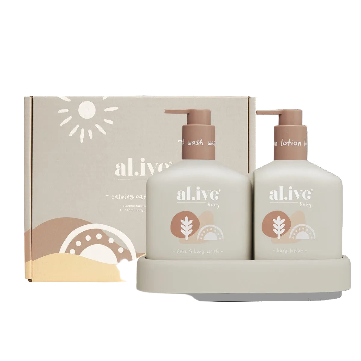 Baby skincare product set with 'al.ive' branding on a white background
