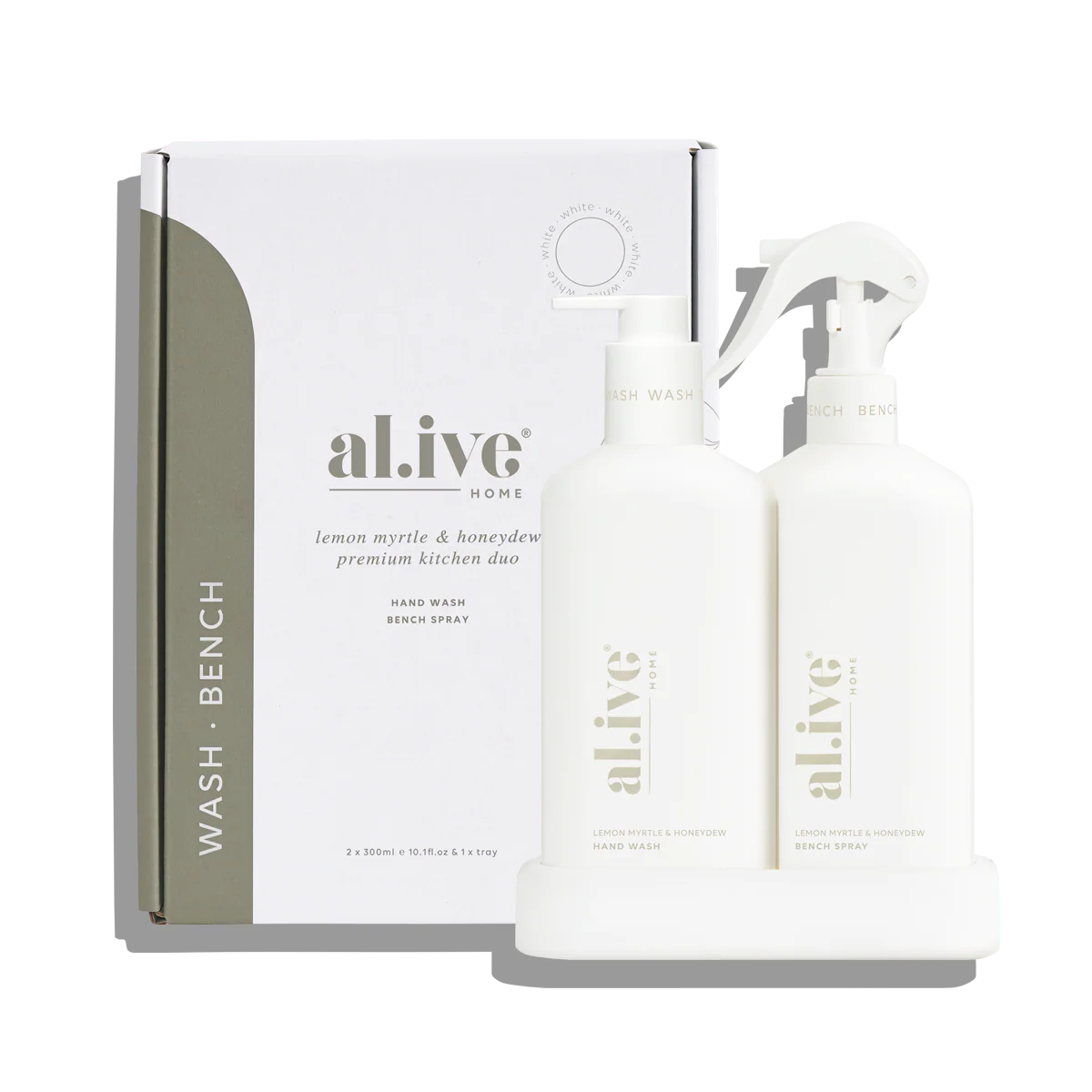 Two bottles of 'alive' kitchen products with packaging on a white background