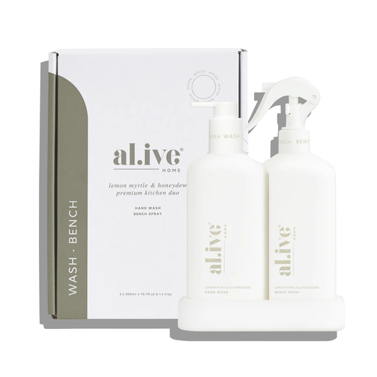 Two bottles of 'alive' kitchen products with packaging on a white background