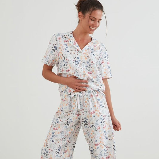 floral digital print capri pajama set with a short-sleeved button-up top and cropped pants with an elasticated waistband and drawstring.