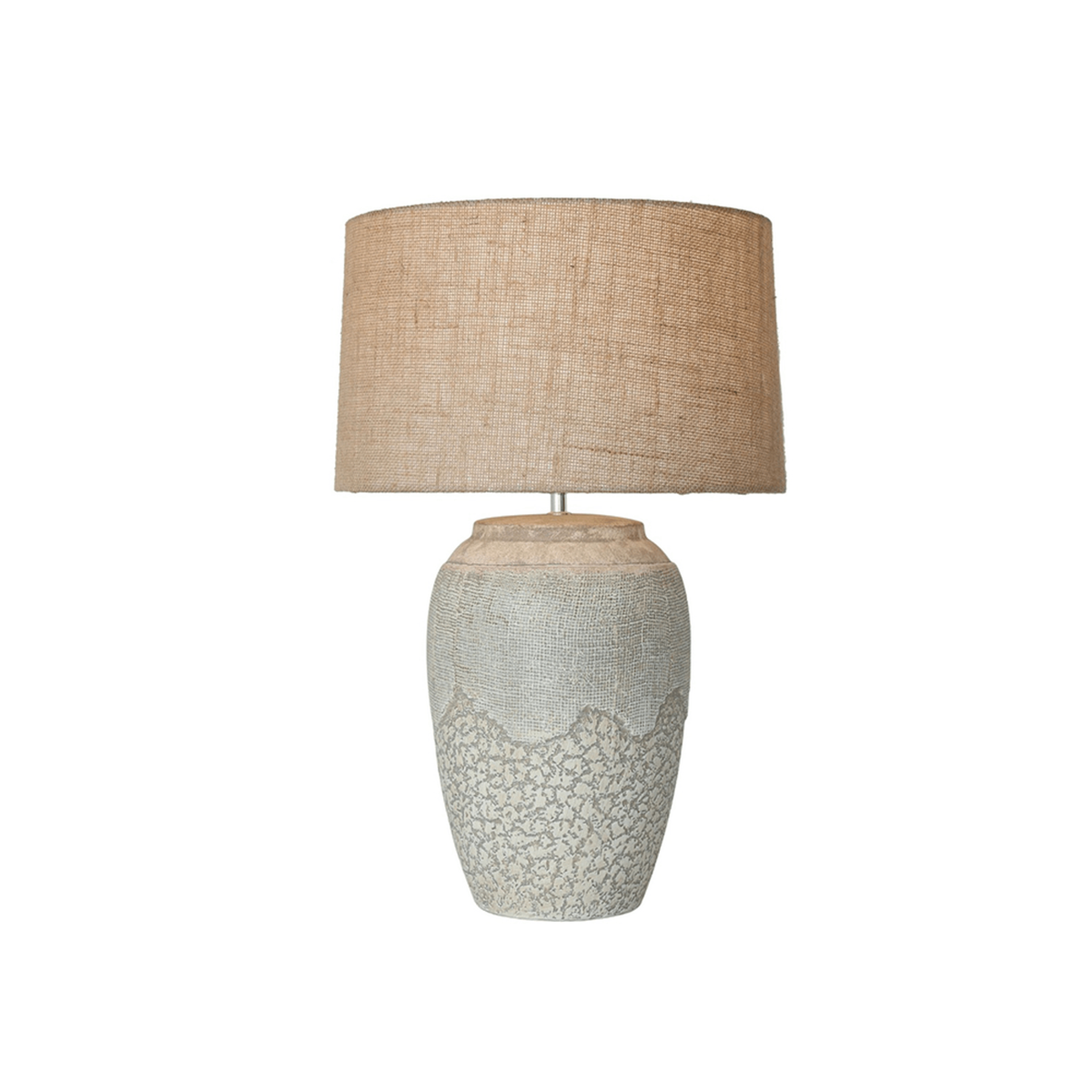 A table lamp with a textured beige linen drum shade and a ceramic base featuring a mottled light gray and beige crackle pattern