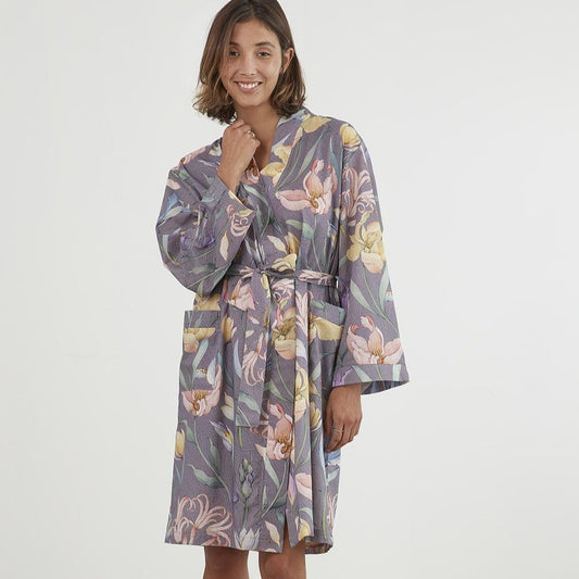 a floral kimono robe in gray color with a waist tie.