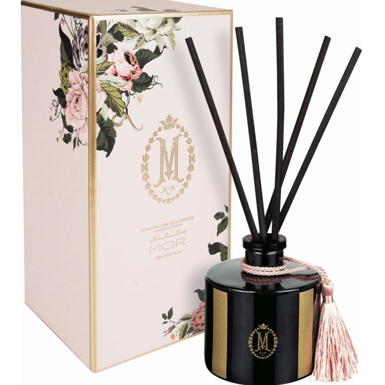 A black reed diffuser with a tassel, featuring a floral patterned box in the background and the letter 'M' on the diffuser mashmellow MOR 